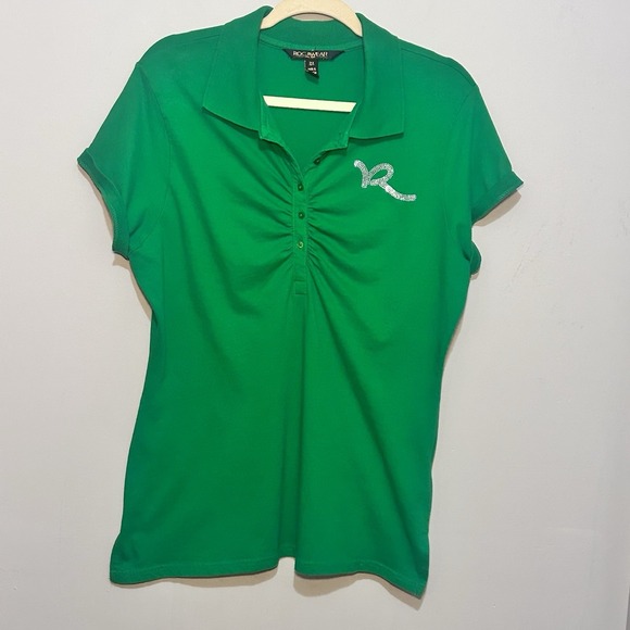 Rocawear Y2K Green Polo Shirt Womens 2X (XL) Rhinestone‎ Logo Stretch Ruched Top - Picture 1 of 6